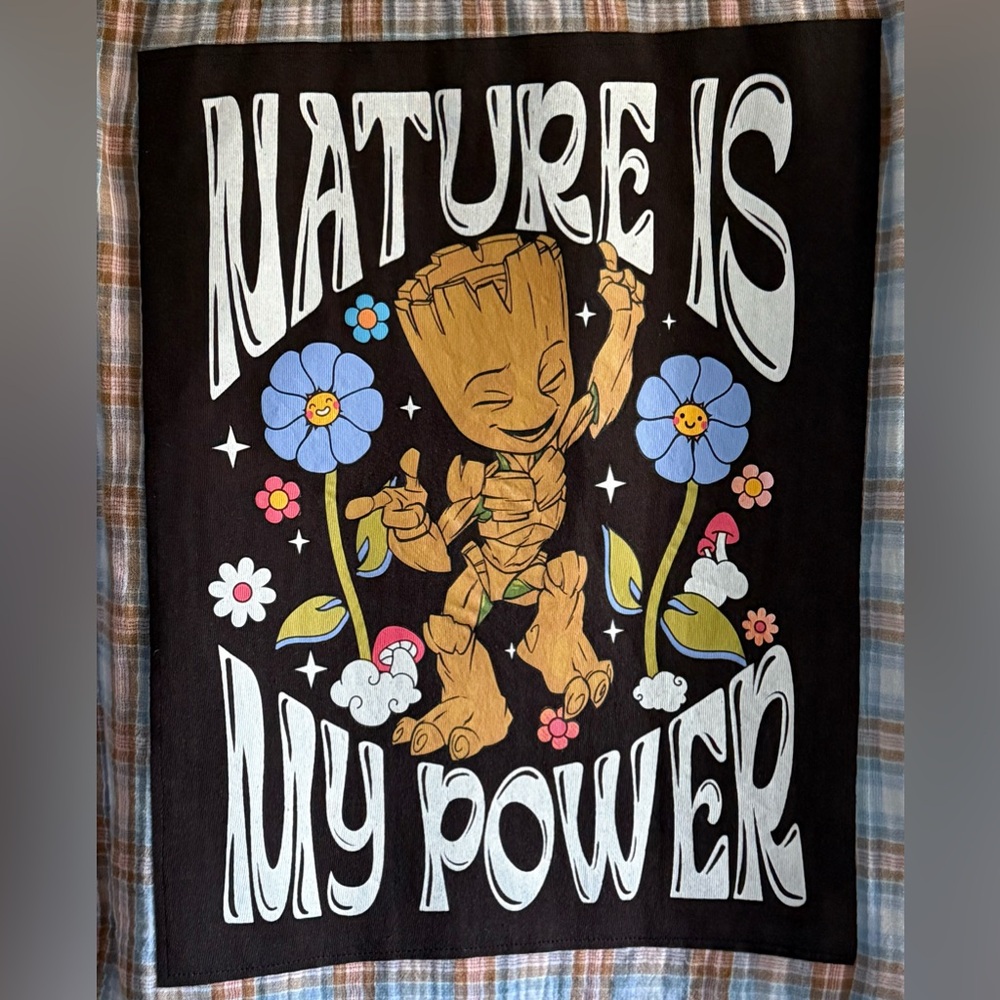 Custom Upcycled GROOT Colorful Graphic Tee On Women’s Gauzy Shirt Size L OOAK - Picture 3 of 5